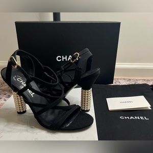 CHANEL Rare White Pearl Heel Sandals Black With Box And Dust Bags Size 39 9